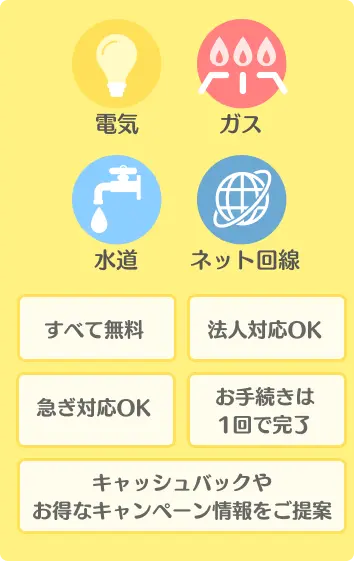 電気 ガス 水道 ネット回線 全て無料 法人対応OK 急ぎ対応OK お手続きは1回で完了 キャッシュバックやお得なキャンペーン情報をご提案