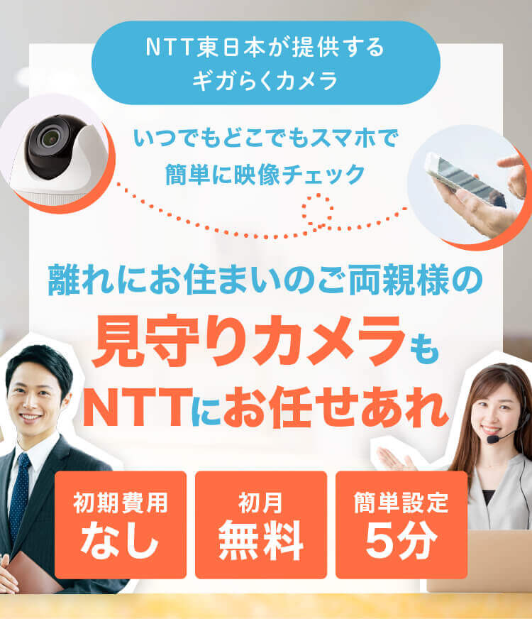 NTT東日本が提供するギガらくカメラ いつでもどこでもスマホで簡単に映像チェック 離れにお住まいのご両親の見守りカメラも NTTにお任せあれ 初期費用なし 初月無料 簡単設定5分