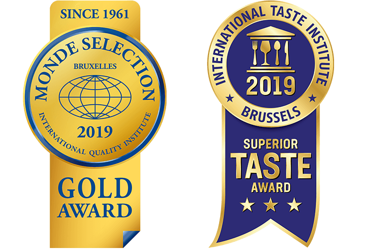 SINCE 1961 MONDE SELECTION INTERNATIONAL QUALITY INSTITUTE BRUXELLES 2019 GOLD AWARD INTERNATIONAL TASTE INSTITUTE BRUSSELES 2019 SUPERIOR TASTE AWARD