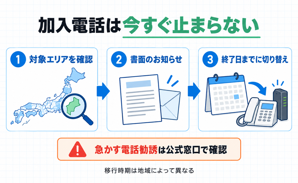 加入電話の移行が段階的に進むことと、お知らせを確かめる順番を示す図