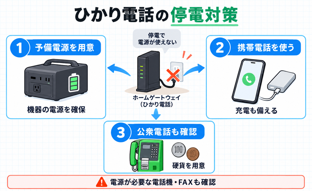 停電時のひかり電話の通話と、そなえておく対策を示す図