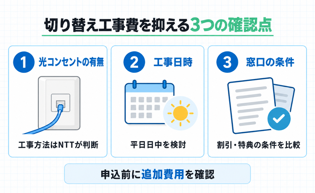 光コンセント・工事日・申し込み窓口の3点で工事費を抑える方法の図