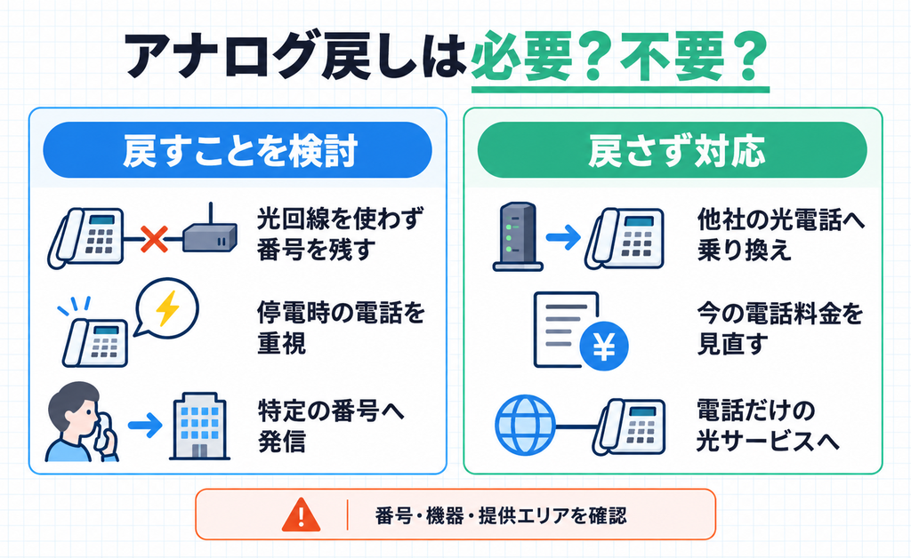 アナログ戻しを検討するケースと光電話のままでよいケースを比べた図