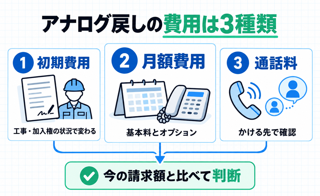 アナログ戻しの費用は初期費用・月額費用・通話料の3種類であることを示す図