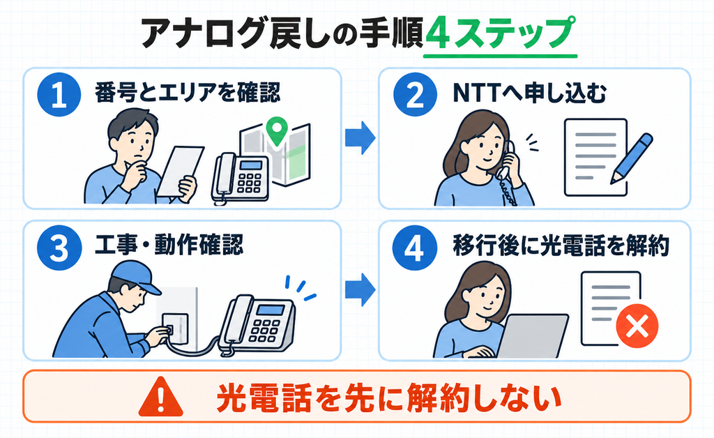 番号とエリアの確認から移行後の光電話の解約までの4ステップの図