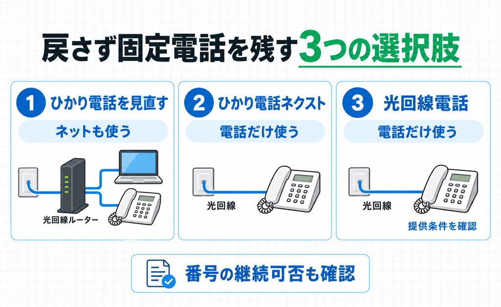 アナログ戻しをせずに固定電話を残す3つの選択肢を比べた図